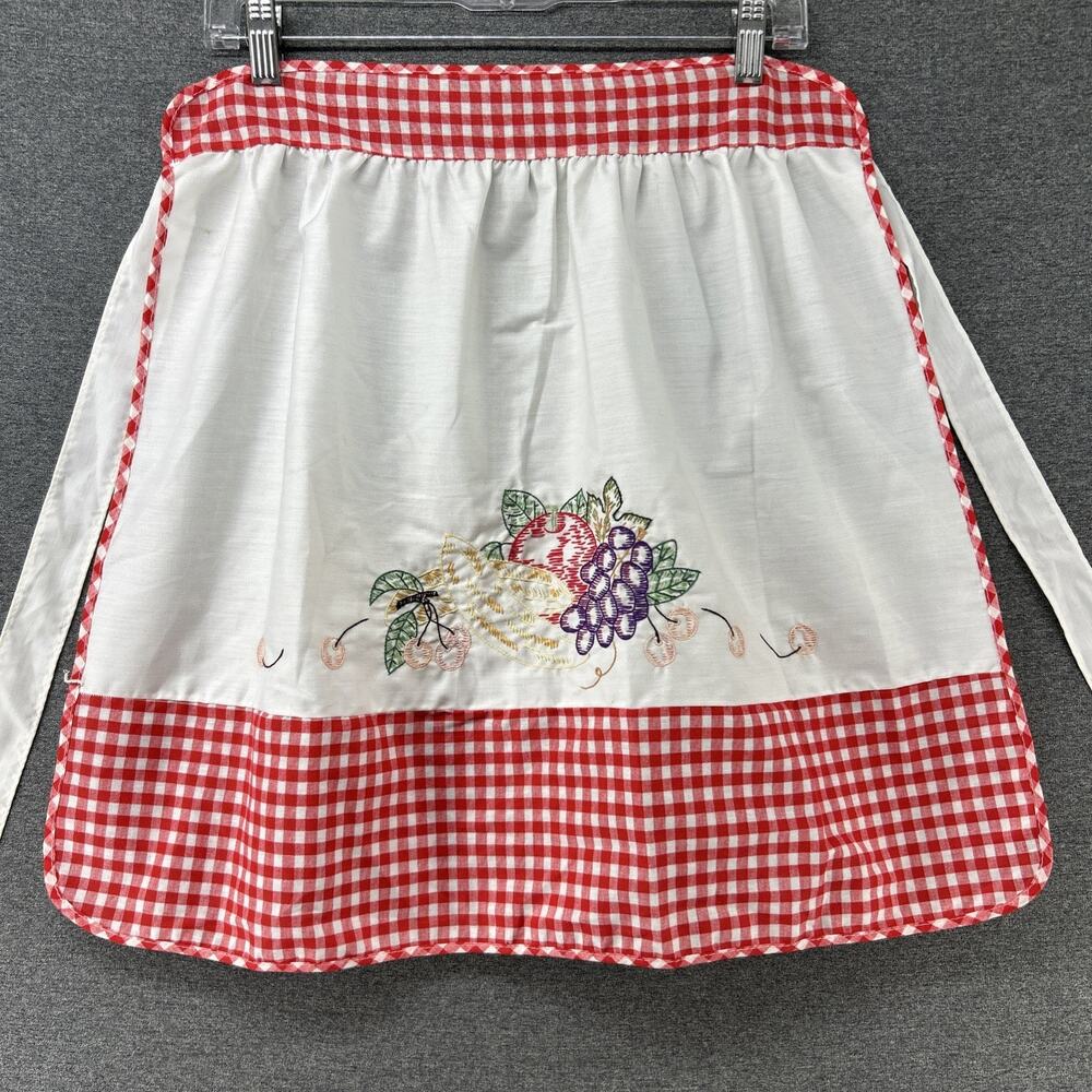 Vintage Apron Half Waist Red Gingham Fruit Embroidered Cottagecore Retro READ